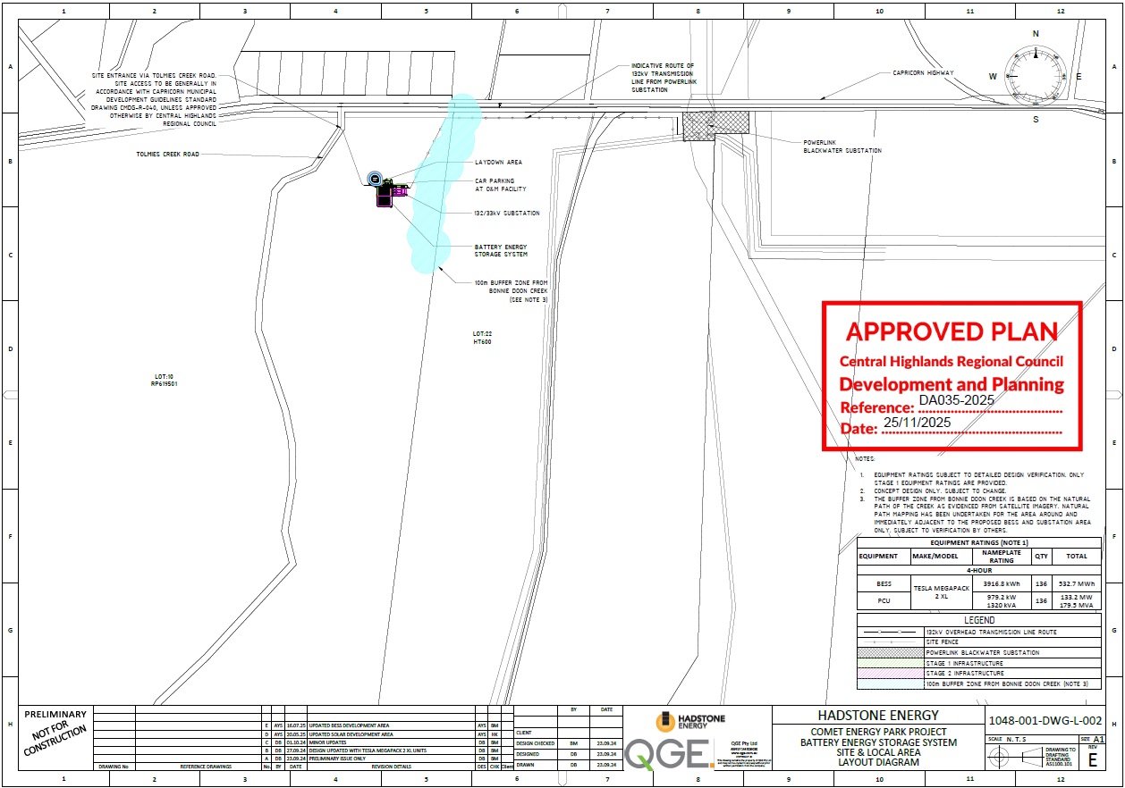 Approved indicative plan for Comet Energy Park — Central Highlands Regional Council site and local area layout diagram, reference DA035-2025